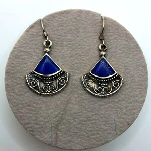 VTG Sterling & Lapis Filigree Style Geometric Triangle Stones 1.4”